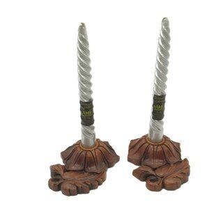 Vintage Syroco Wooden Flower Candle Holders & AMI Silver Dinner Candles